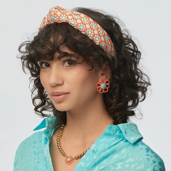 NWT LELE SADOUGHI Marigold Embroidered Knotted Headband Papaya Orange and Blue main image 7